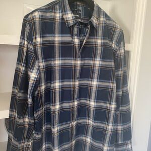 Prana Navy and White Plaid Button-Down Shirt